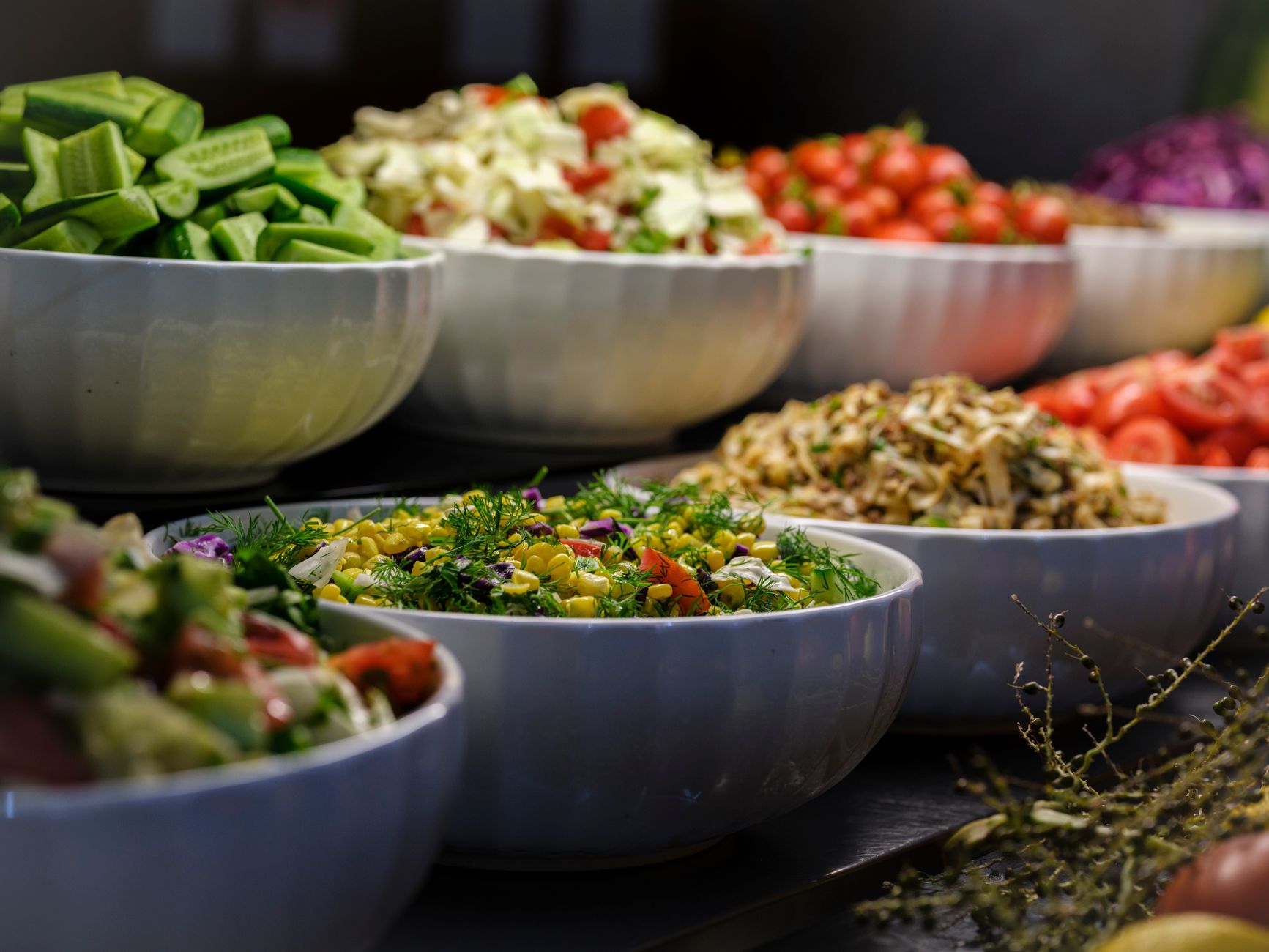 Berbagai bahan segar untuk salad sayur: selada, tomat, mentimun, wortel, paprika, dan jagung manis