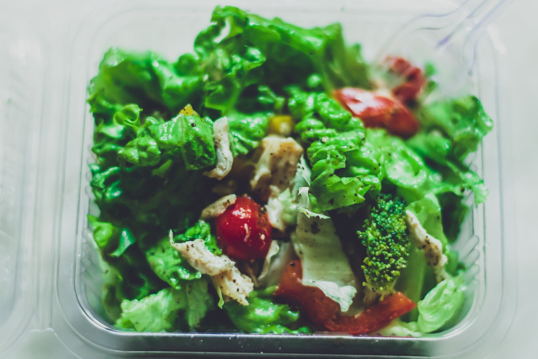 Salad segar berwarna hijau dengan tomat, mentimun, selada, dan dressing zaitun, cocok untuk diet sehat.